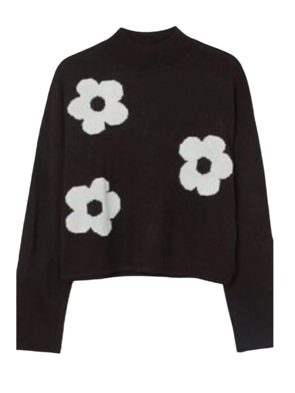 H&M Black & White Cropped Mock Neck Oversized Floral Sweater
